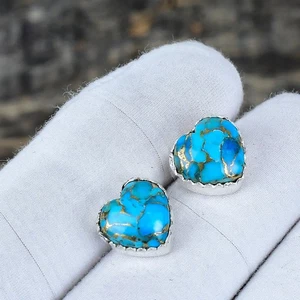 Blue Copper Turquoise Love Studs Heart 925 Sterling Silver Earrings Jewelry Gift - Picture 1 of 4