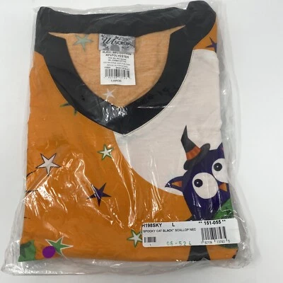 UA Scrubs - Women’s Halloween Top -Orange-Spooky Black Cat & Owl- Size LARGE-NEW - Image 1 of 3