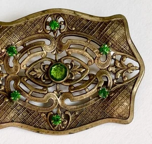 Victorian Brooch Pin Gold Brass Tone Metal Green Gemstones Ornate Metal Work - Picture 1 of 4