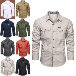 Men Tops Long Sleeve Cargo Shirt Mens Lapel Neck Soft Hiking Casual Blouse Work - Picture 1 of 26
