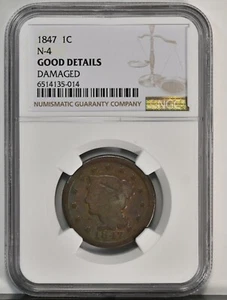 1847 1C Braided Large Cent Coin N-11 Variety NGC GOOD-Details (DAMAGE) 37274 - Picture 1 of 2