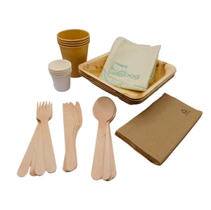 Einweggeschirr Pappteller Holzbesteck Bio Vegan Party Grillen Set 4 Personen - Bild 1 von 10