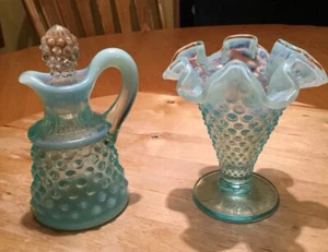 VTG Blue Fenton Hobnail Trumpet Vase 4” And Cruet/Stopper 4 3/4”~MINT - Picture 1 of 11