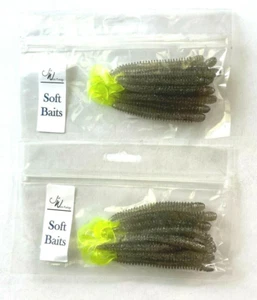 2 PACKS Jed Welsh 4" Ribbed Curly Tail Worm Smoke Silver Glitter Chartreuse Tail - Picture 1 of 11