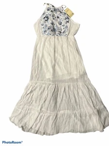 White Sleeveless Maxi Dress With Blue Embroidered Flowers By Say What? Xl - Picture 1 of 4