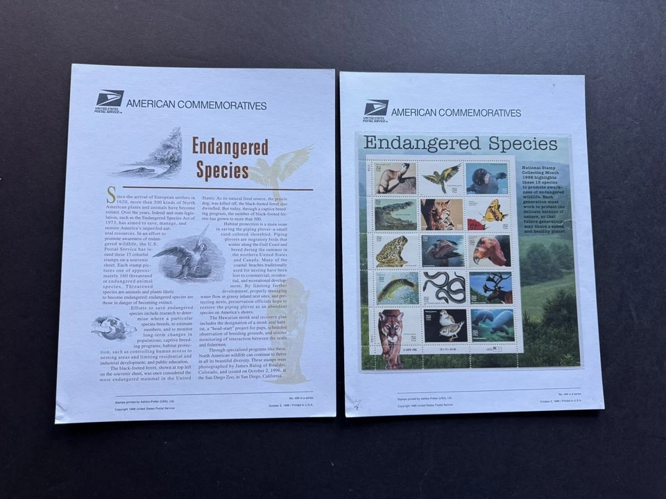 US 1996 Commemorative Panel (499) Endangered Spices #3105a MNH +Panel of 20 - Image 1 of 1