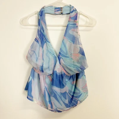 French Connection Top Womens 8 Blue Dalla Baja Halter NWT Sheer Flaw Smocked - Image 1 of 4