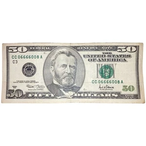 $50 Bill 06666008 Serial Number Circulated Trinary Note 4 Of A Kind And A Triple - Picture 1 of 3