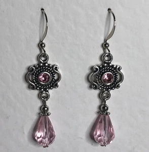 Victorian Style Fancy PINK FACETED GLASS DROP EARRINGS DARK SILVER PL Hook - Picture 1 of 7