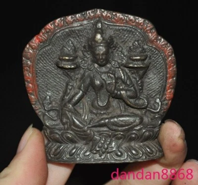 2.4" Tibet Budismo Bronce Verde Tara Kwan-Yin GuanYin Buda Thangka Talismán Foto 1 de 4