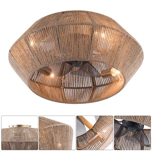 Boho Ceiling Fan Rattan Caged Flush Mount Fan Light +Remote Control Ceiling Fan - Picture 1 of 24