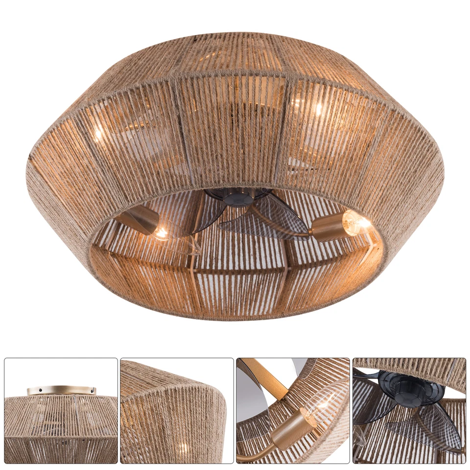 Boho Ceiling Fan Rattan Caged Flush Mount Fan Light +Remote Control Ceiling Fan - Image 1 of 4