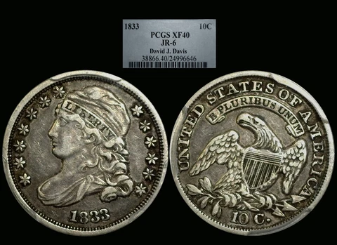 1833 JR-6 Bust Dime Graded by PCGS PCGS40. Nice original!! Cover