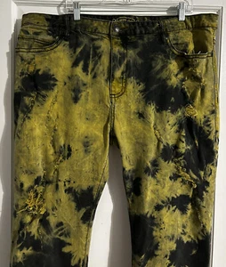 Robins Jeans Mens Jeans 44 Yellow Black Studded Tye Dye Distressed Gold Designer - Picture 1 of 14