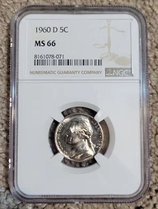 1960 D NGC 5C JEFFERSON NICKEL NGC VALUE IS $130.00 BEAUTIFUL COIN WITH LUSTER - Picture 1 of 4