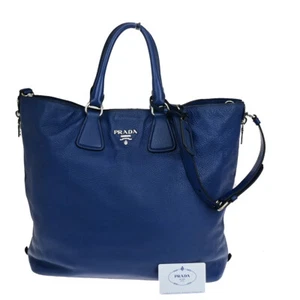 PRADA Logo 2Way Shoulder Hand Bag Vitello Phenix Leather Blue SHW 76YF685 - Picture 1 of 18