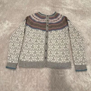 Susan Bristol Grey Blue Burgundy Fair isle Extra Fine Merino Wool Cardigan Sz S - Picture 1 of 9