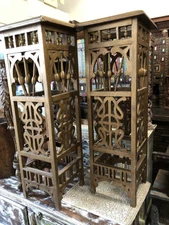 Rustic Carved Table Wooden Tall Pedestal Decorative Table Stand Pair