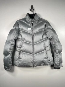 Vtg Y2K Nike Kids Girls Silver Quilted Puffer Jacket Full Zip Size Medium (8/10) - Picture 1 of 14
