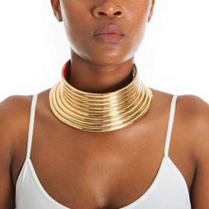 Leather Choker Necklace Gold Collar Necklace Adjustable African Jewelry Women - Picture 1 of 20