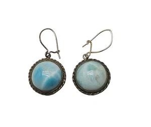 Sterling Silver Larimar Round Dangle Earrings 925 With Rope Detail Vintage - Picture 1 of 5