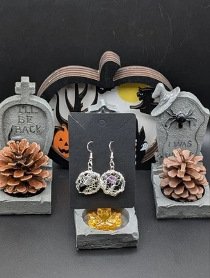 Pendientes de arte gótico • Envueltos en alambre • Llama de vampiro • Perla gótica • Jaula de plata Foto 1 de 4