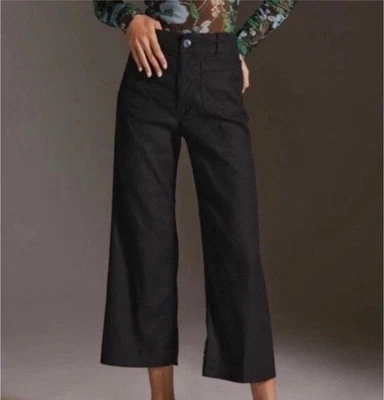 Anthropologie Maeve The Colette Piernas Anchas Recortadas Negro Talla 28 Mezcla de Lino Foto 1 de 4