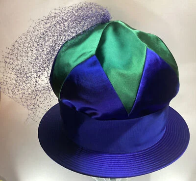 Sombrero burbuja satinado azul y verde vintage Mr. John Jr. con red. Union Made In USA Foto 1 de 4