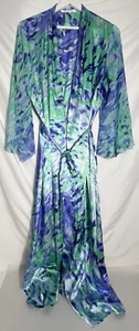 OSCAR DE LA RENTA Size Large Watercolor Blue Long Satin House Robe Gown - Picture 1 of 5