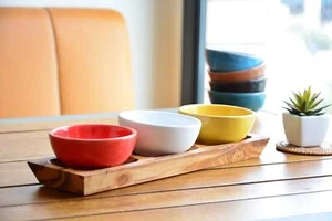 Handcrafted Wood Tray Set with 3 Vibrant Clay Bowls - Unique Christmas Gift - Picture 1 of 8