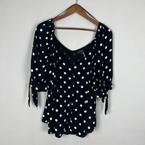 1. Blusa State Top Mujer 2X Negra Lunares Botón Delantero Cuello en V Manga Corbata - Imagen 1 de 13
