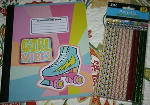 GIRL VIBES COMPOSITION BOOK + PACKAGE OF 12 COLORFUL PENCILS NEW SCHOOL SUPPLIES - Picture 1 of 3
