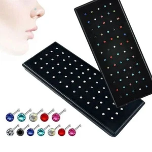 Crystal Rhinestone Nose Stud - Stainless Surgical Nose Piercing Ear Bone Earring - Picture 1 of 18