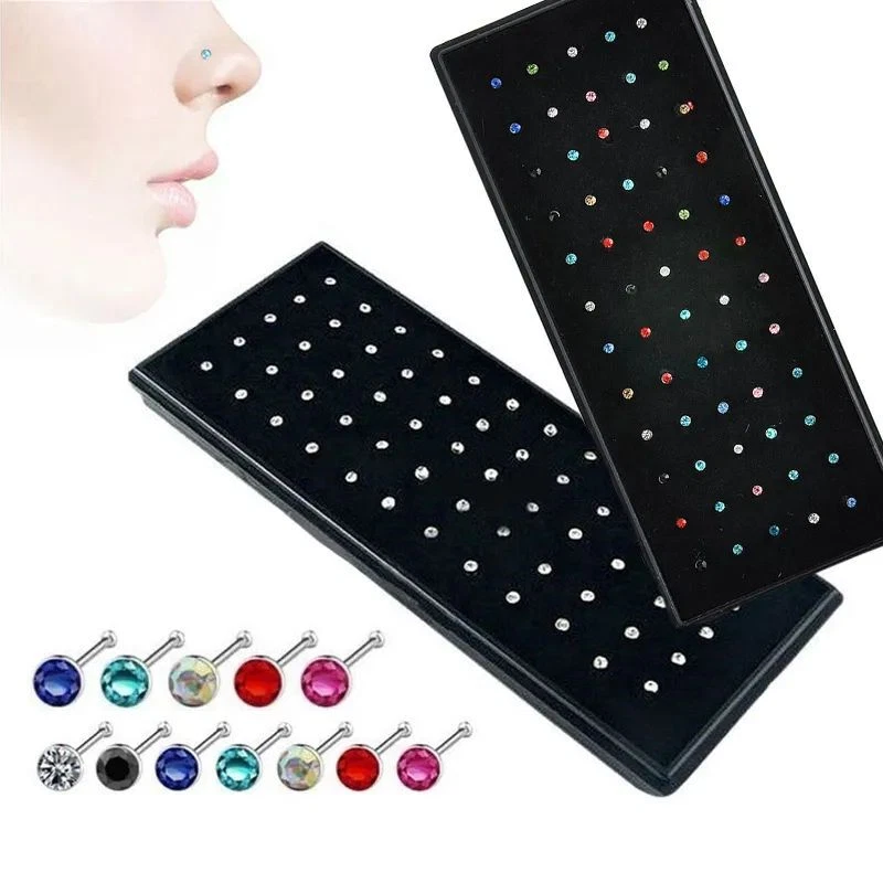 Crystal Rhinestone Nose Stud - Stainless Surgical Nose Piercing Ear Bone Earring - Image 1 of 4