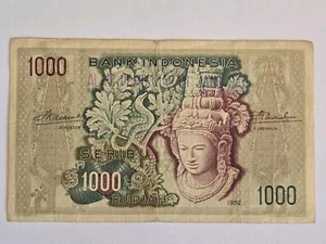 Indonesia 1000 Rupiah P-48 1952 RARE Stamped TRINARY Serial - Picture 1 of 2