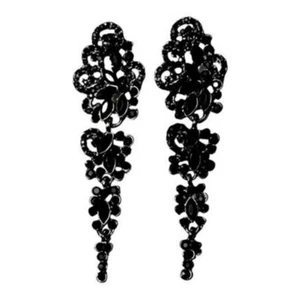 Black Earrings Long Dangle Drop Rhinestone Halloween Black Bridal Prom Jewelry - Picture 1 of 2