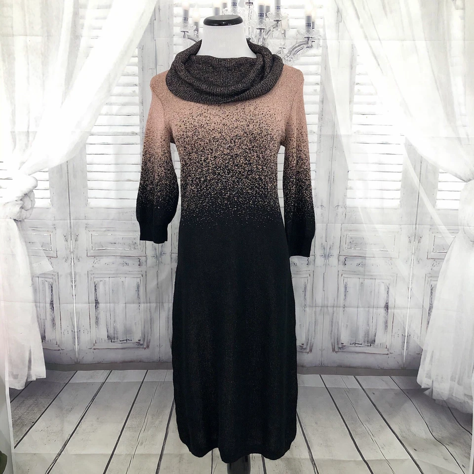 NY Collection Size Medium Black Copper Gold Sweater Dress Cowl Neck Knit Midi B6 - Image 1 of 4