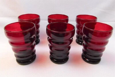 Vintage Set of 6 Anchor Hocking Whirly Twirly Ruby Red Glass Tumblers 4 1/8 Tall - Image 1 of 4