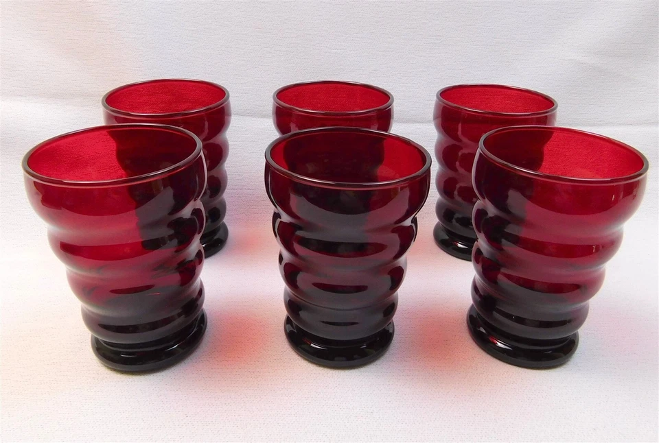 Vintage Set of 6 Anchor Hocking Whirly Twirly Ruby Red Glass Tumblers 4 1/8 Tall - Image 1 of 4