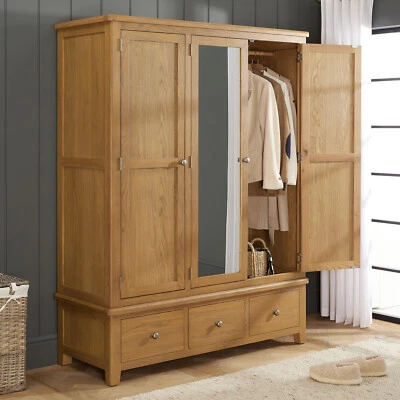 Cotswold Rustic Smoked Oak Triple 3 Door Mirrored Wardrobe with 3 Drawers - RC43