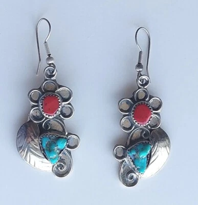 Pendientes de gancho de plata LT LARRY TSINNIE firmados por margarita coral turquesa NAVAJO 1970 Foto 1 de 4