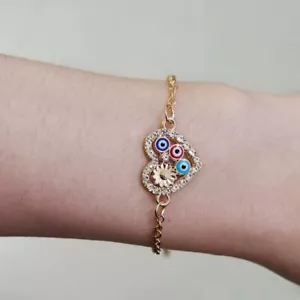Heart Blue Evil Eye Bracelet Lucky Turkish Charm Chain Silver Flower Gold - Picture 1 of 16