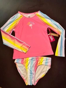 Neu mit Etikett Justice Mädchen 2-teiliger Tankini Badeanzug rosa Streifen Rash Guard Größe LARGE 12/14 - Bild 1 von 4