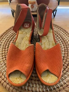 Fly London Women 41 Leather Wedge Sandals Peep Toe Ankle Strap Teal Orange US 10 - Picture 1 of 10