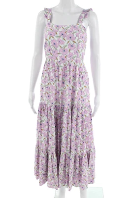 高级嬉皮女式 Maxi Sundress 粉红色花卉方领人造丝 S 码 — 第 1/4 张图片