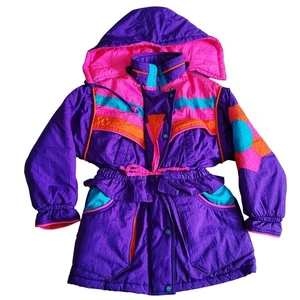 Vintage 90's Color Block Jacket Coat Puffer Parka Removable Hood Girls Size L/6X - Picture 1 of 7