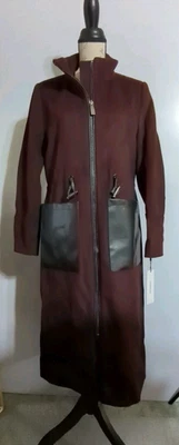 Calvin Klein Women's Medium Full Zip Overcoat Wool Burgundy Leather Pockets NWT - Image 1 of 4