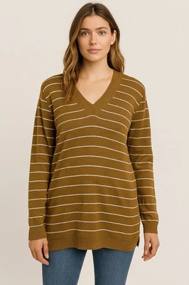 Suéter Madewell Mujer Pequeño Mezcla de Lino Verde Blanco Rayas Manga Larga Cuello en V Foto 1 de 4