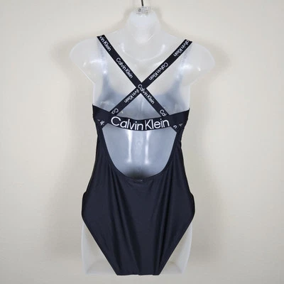 Calvin Klein Criss-Cross Logo One-Piece Swimsuit Womens Large Black White Straps - Image 1 of 4