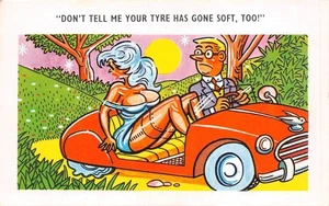 Cartolina Fumetto Risque Motoristico Tema Girl Big Boobs Uomo Tyre Gone Soft Too - Foto 1 di 2